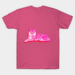 Pink Tiger Sitting on Red Background T-Shirt